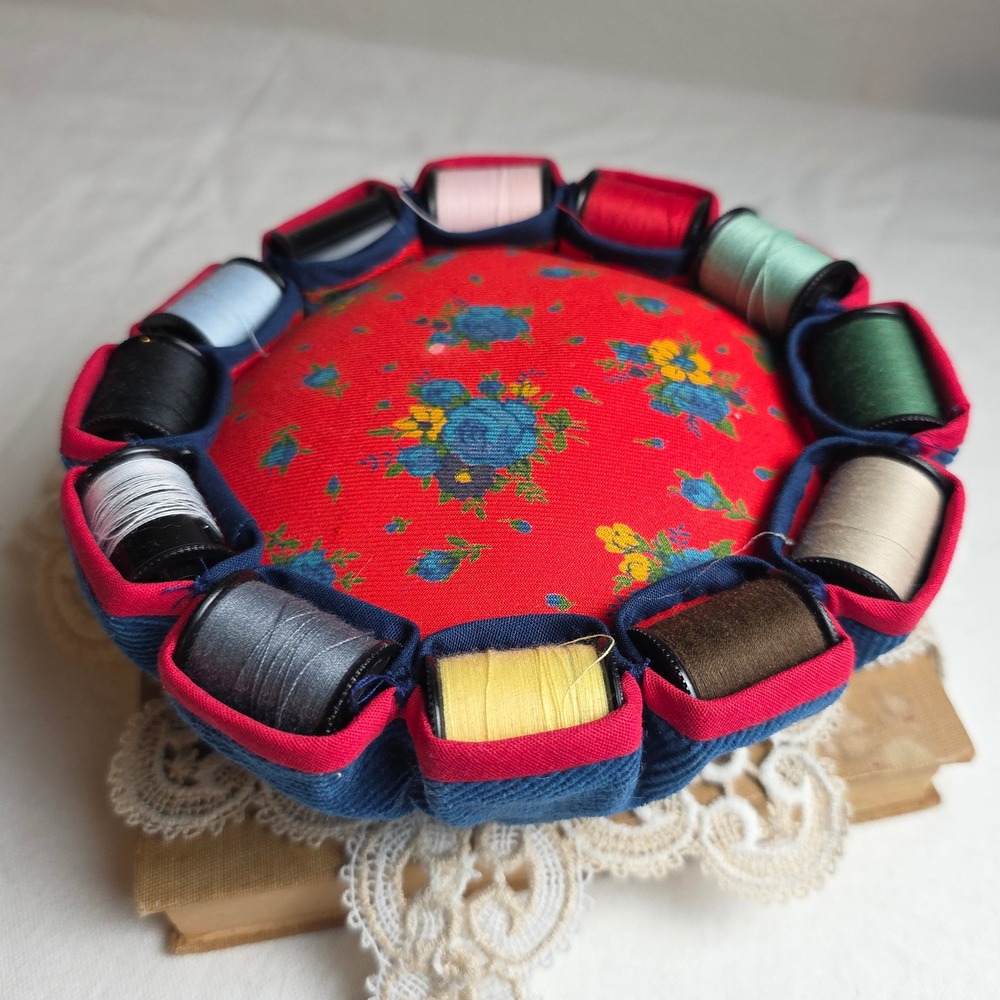 Vintage Handmade Floral Corduroy Pincushion 12 Thread Spool Holders Blue Red